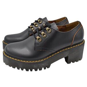 Dr. Martens Black Leather Platform Lace-Up Oxfords with Yellow Stitching